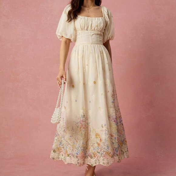 Multicolor Apricot Elegant Romantic Floral Women's Maxi Dress - Picture 7 of 8